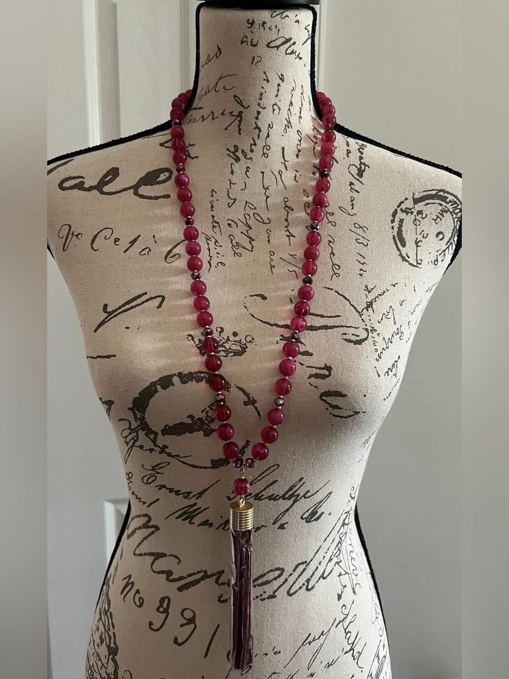 Long Fuchsia Beaded Tassel Necklace - Unbranded